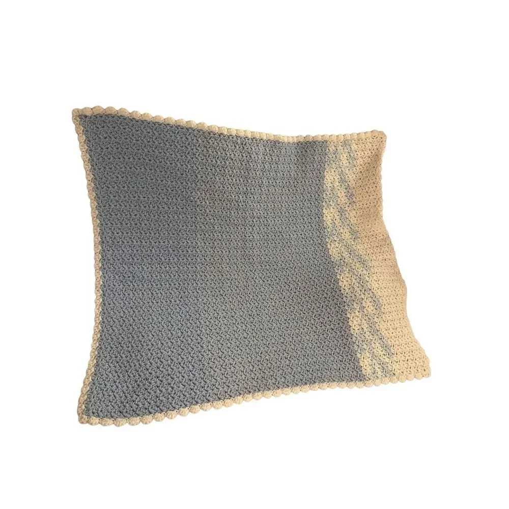 Handmade Knit Crochet Baby Blanket Pastel Blue White Lap Blanket Size 30”‎ X 35”